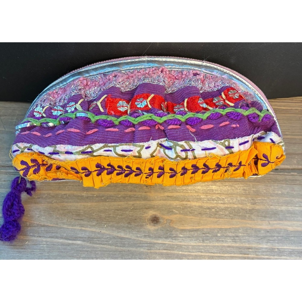 Expressions NYC Cosmetic Bag Boho Indi Media Embroidery Womens Small Purple Exc
